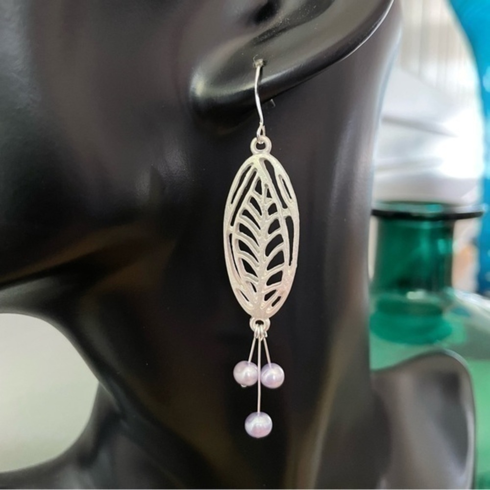 2/$29 Handmade Lilac Freshwater Pearl Stamped Mixed Metal Statement Earrings 3”
